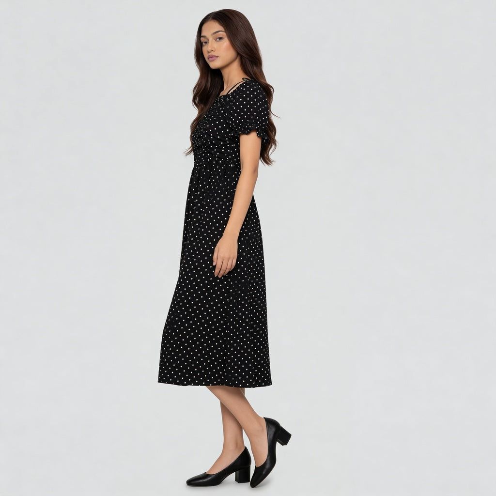 Floral Off Shoulder Dress With Polka Print Detail