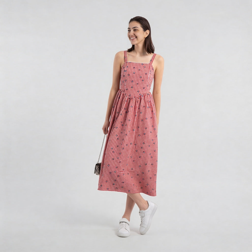 Checkered Flare Strappy Dress