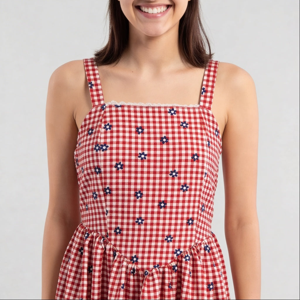 Checkered Flare Strappy Dress