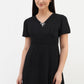 V-Neck Textured Flare Dress With Pearl Bow