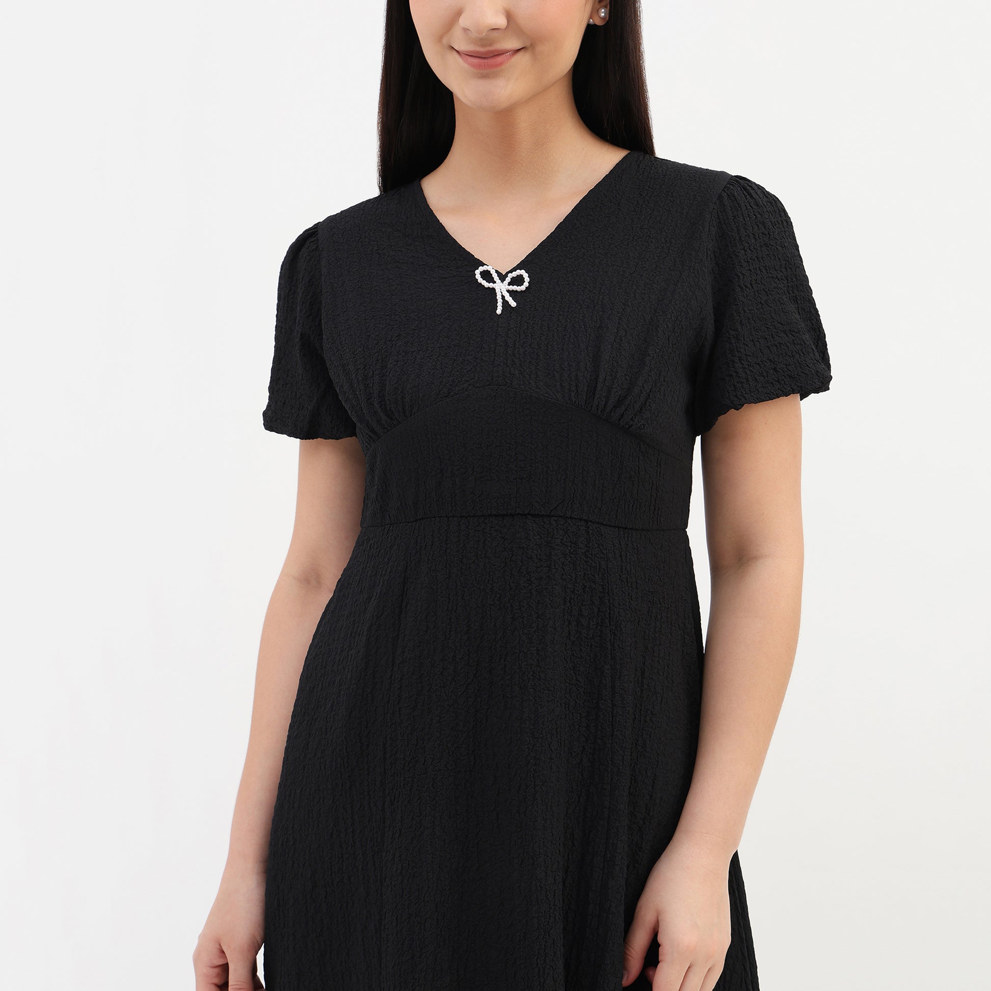 V-Neck Textured Flare Dress With Pearl Bow