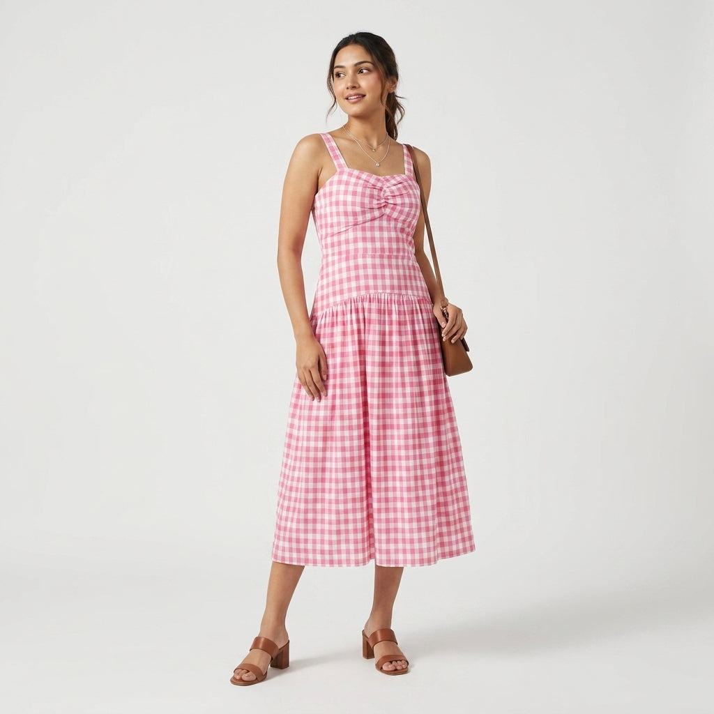 Checked Sweetheart Neck Flared Dress
