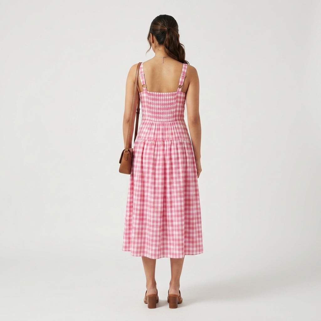 Checked Sweetheart Neck Flared Dress