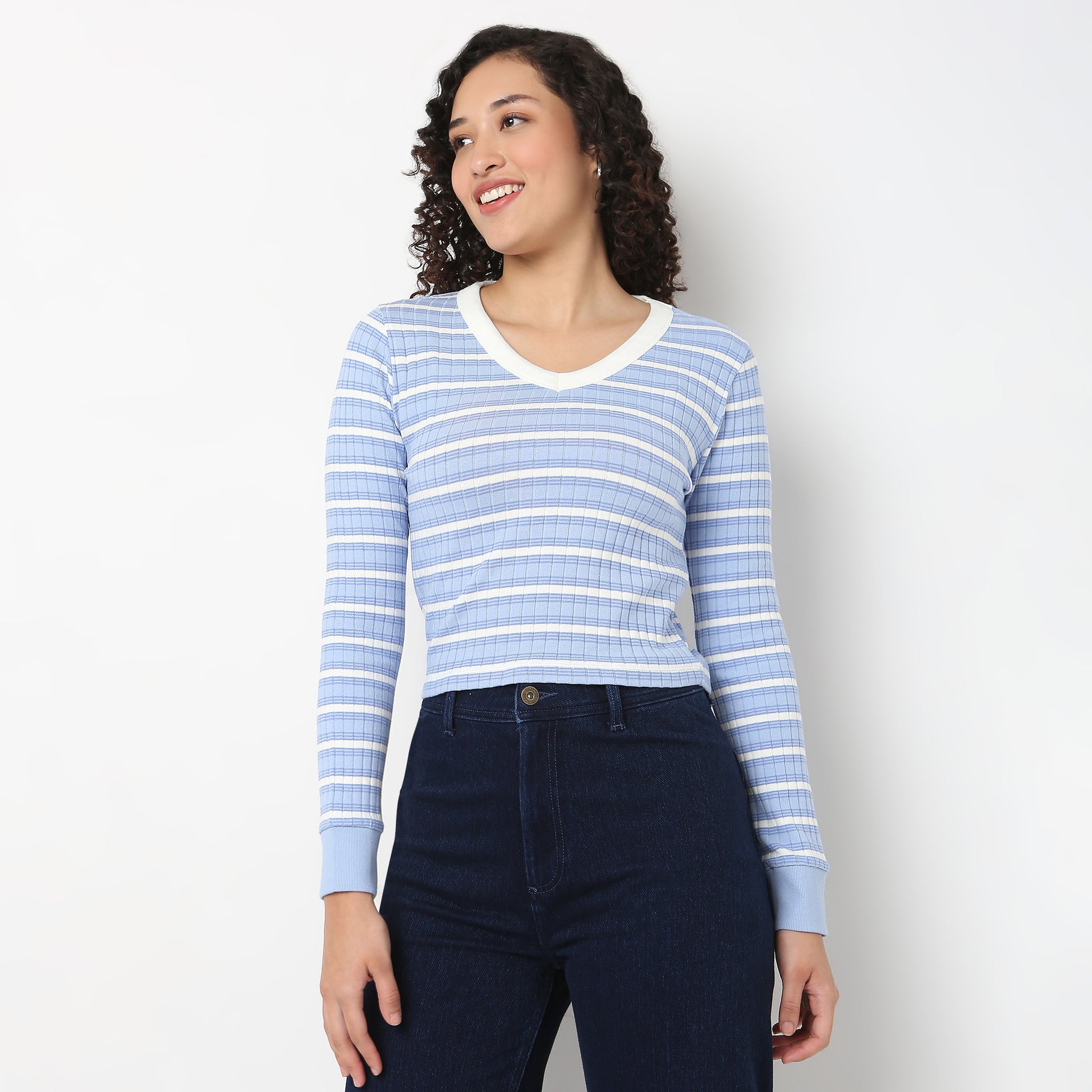 V-Neck Striped Cropped T-Shirt