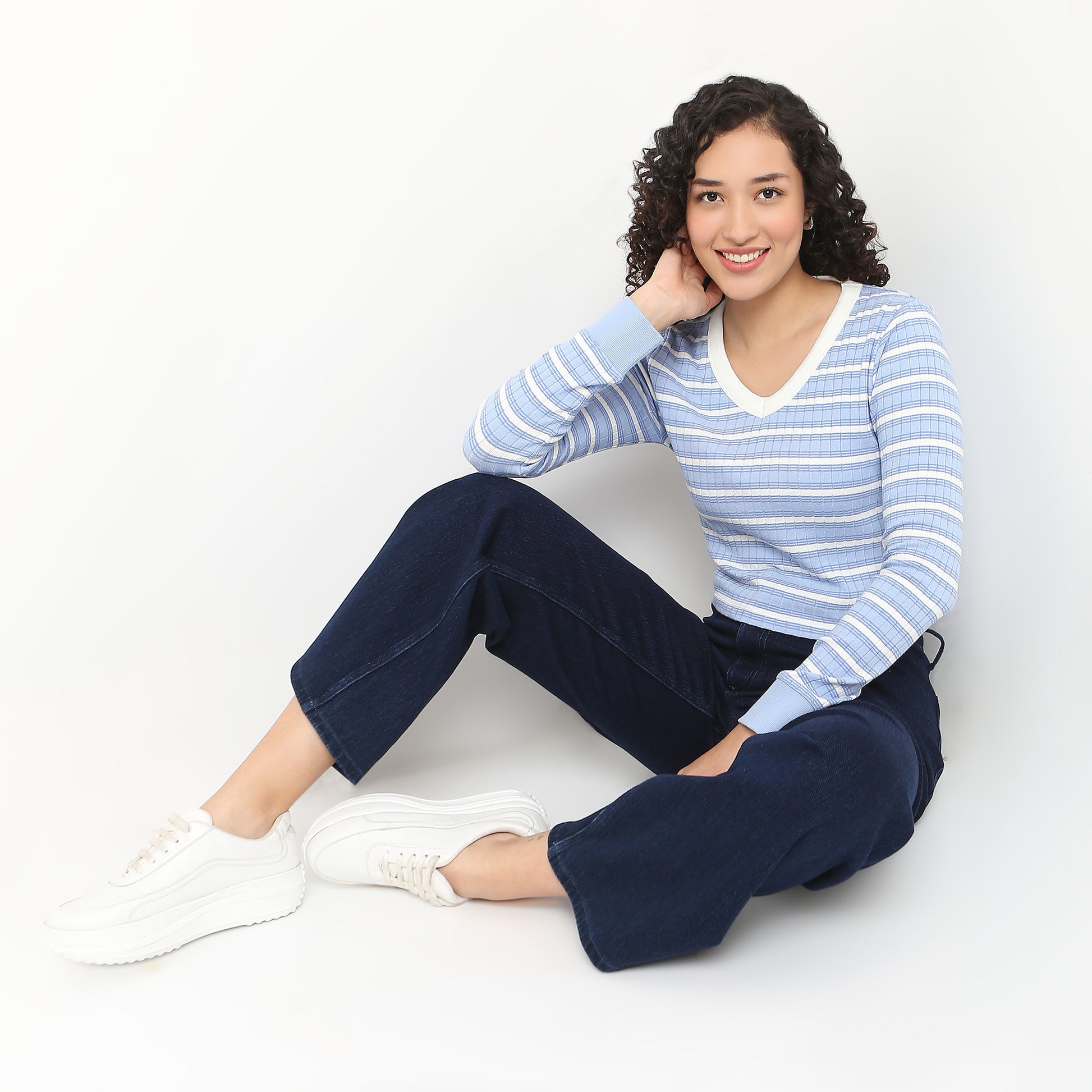 V-Neck Striped Cropped T-Shirt