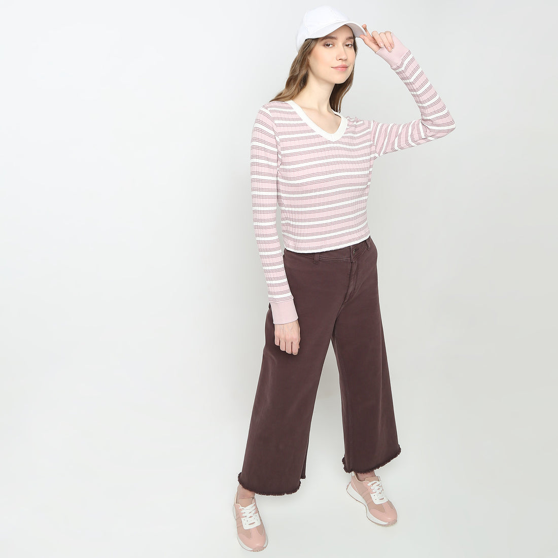 V-Neck Striped Cropped T-Shirt