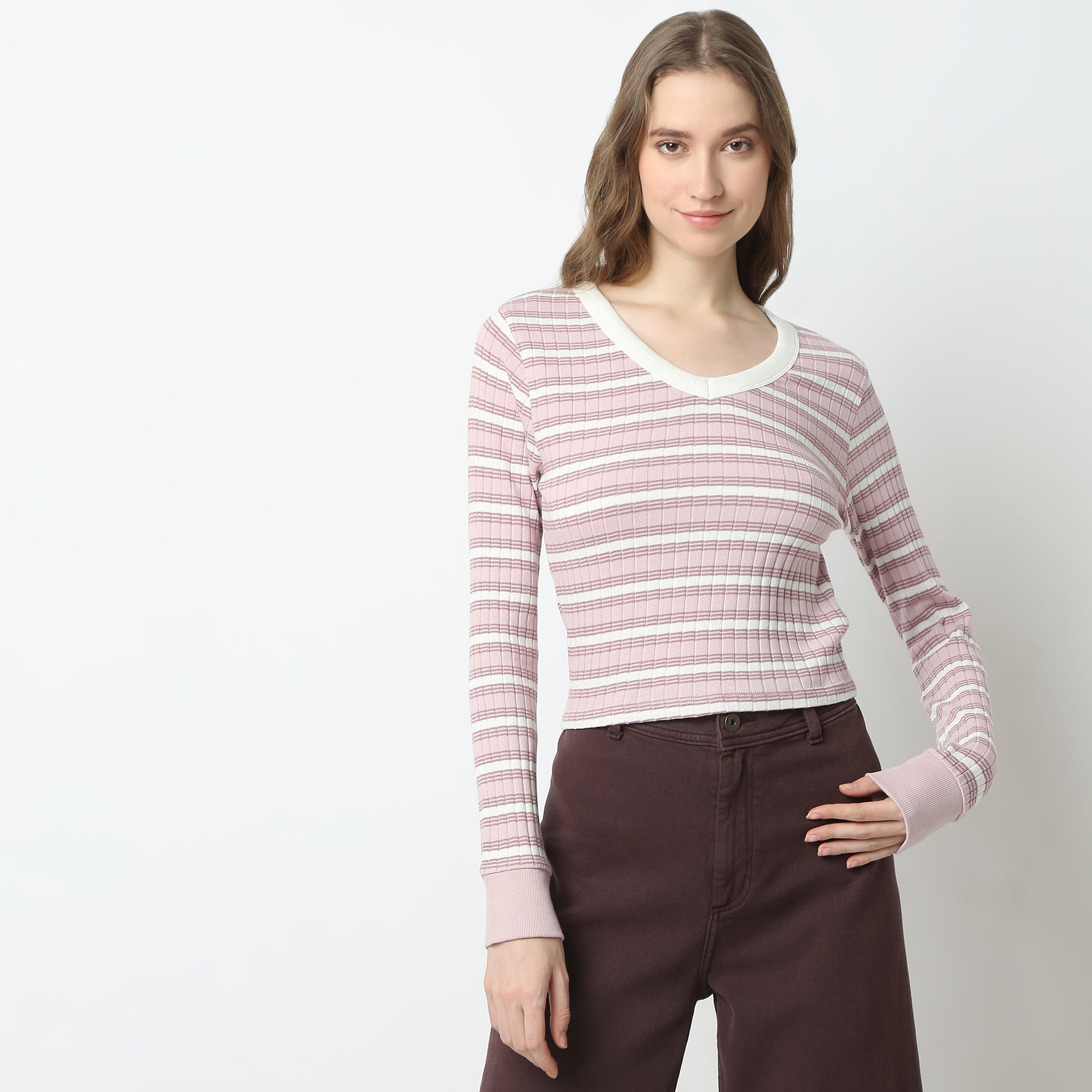 V-Neck Striped Cropped T-Shirt