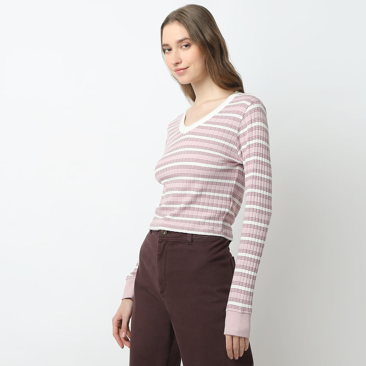 V-Neck Striped Cropped T-Shirt