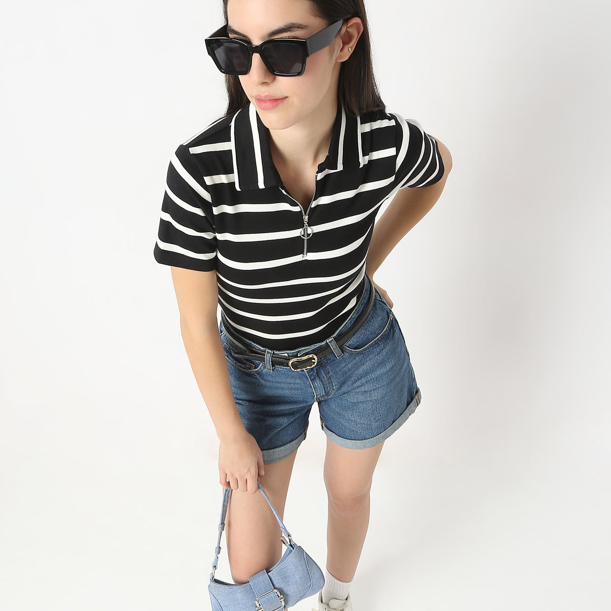 Fitted Striped Polo Neck with Zipper Opening Short Sleeve Crop T-Shirt