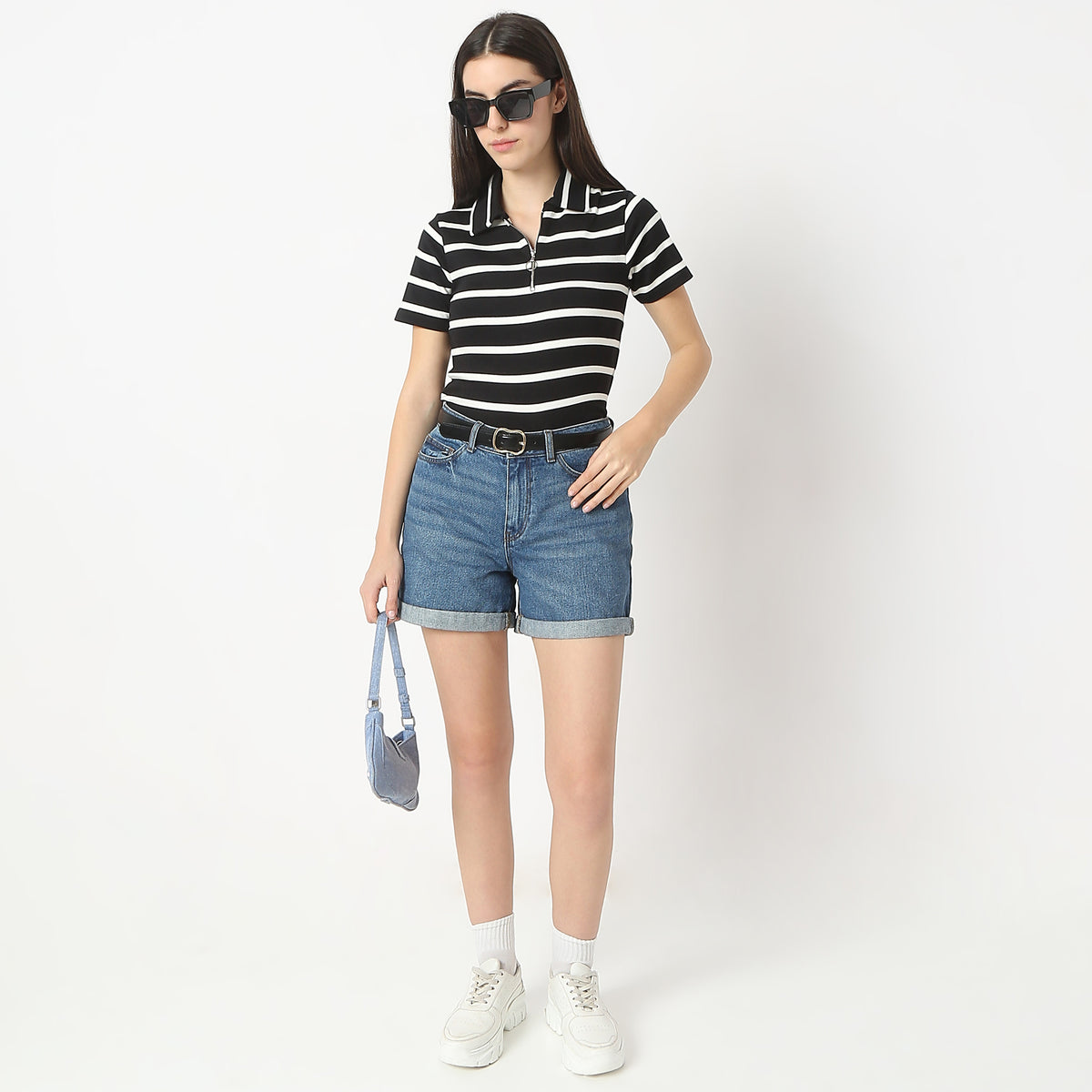 Fitted Striped Polo Neck with Zipper Opening Short Sleeve Crop T-Shirt