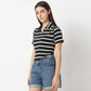 Fitted Striped Polo Neck with Zipper Opening Short Sleeve Crop T-Shirt