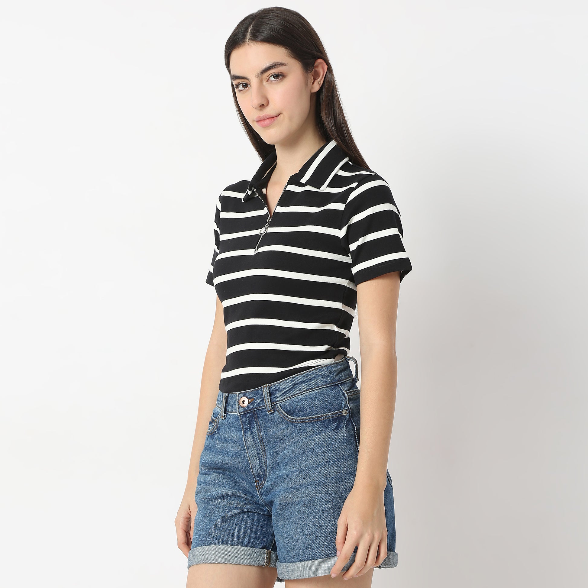Fitted Striped Polo Neck with Zipper Opening Short Sleeve Crop T-Shirt