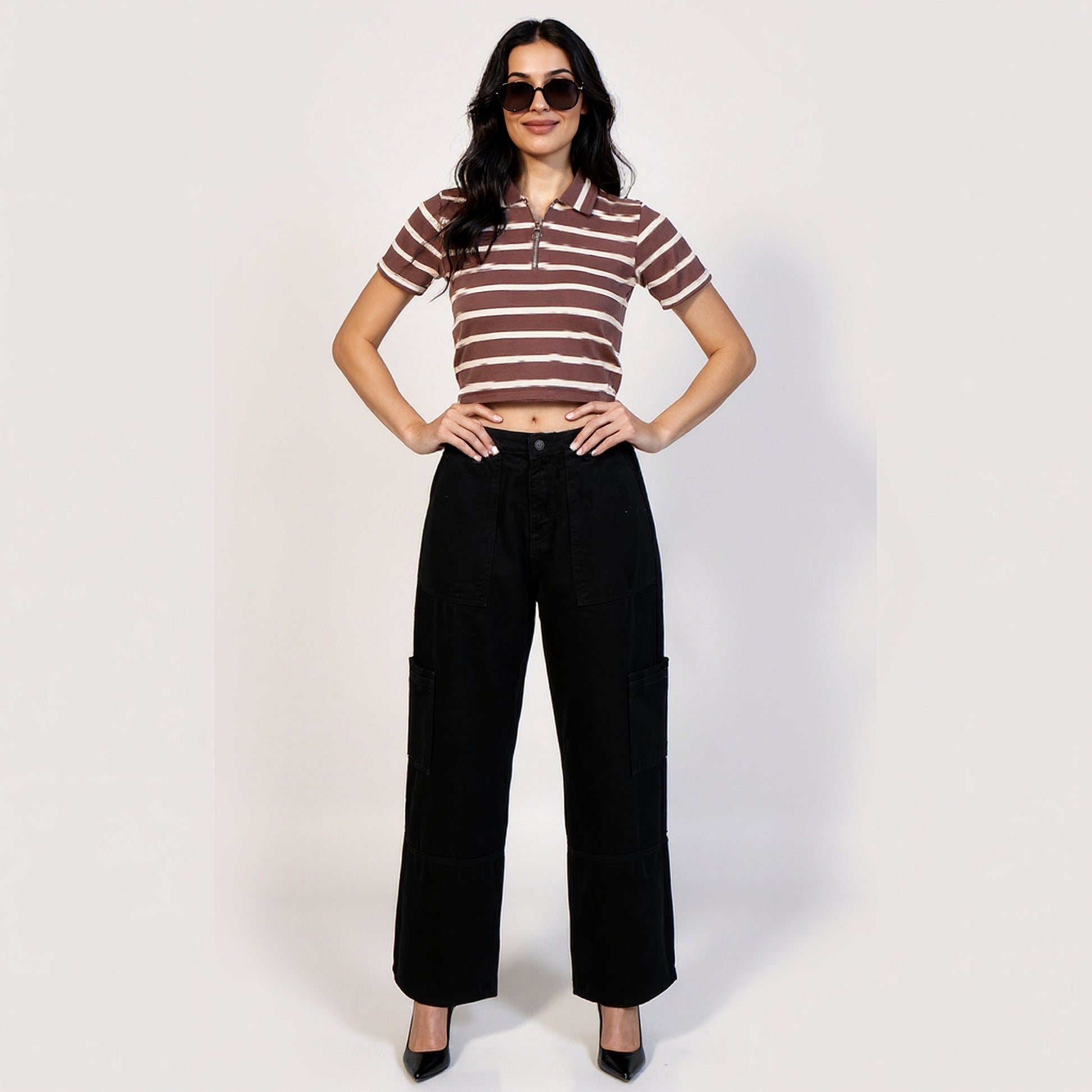 Fitted Striped Polo Neck with Zipper Opening Short Sleeve Crop T-Shirt