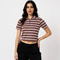 Fitted Striped Polo Neck with Zipper Opening Short Sleeve Crop T-Shirt
