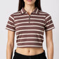 Fitted Striped Polo Neck with Zipper Opening Short Sleeve Crop T-Shirt