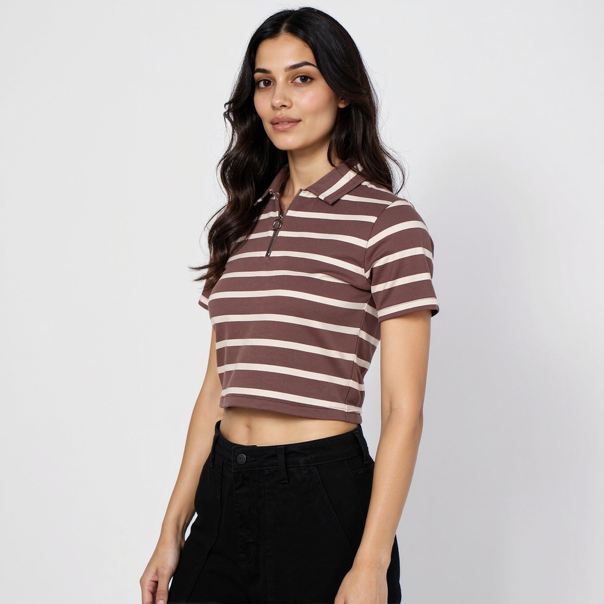 Fitted Striped Polo Neck with Zipper Opening Short Sleeve Crop T-Shirt