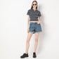 Fitted Striped Polo Neck with Zipper Opening Short Sleeve Crop T-Shirt