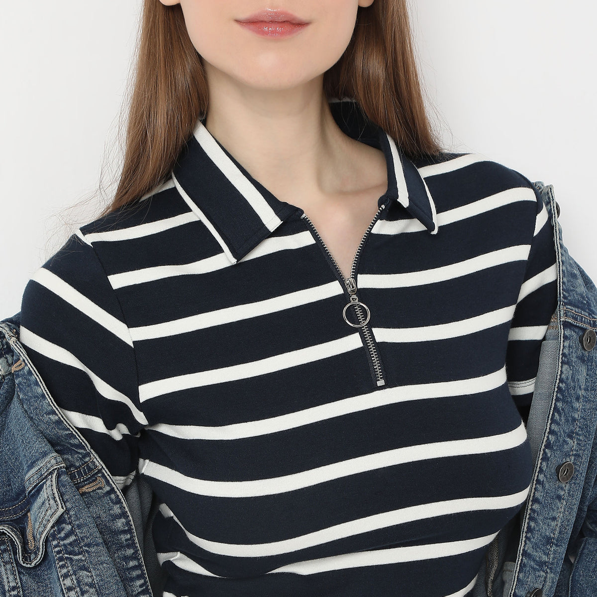 Fitted Striped Polo Neck with Zipper Opening Short Sleeve Crop T-Shirt