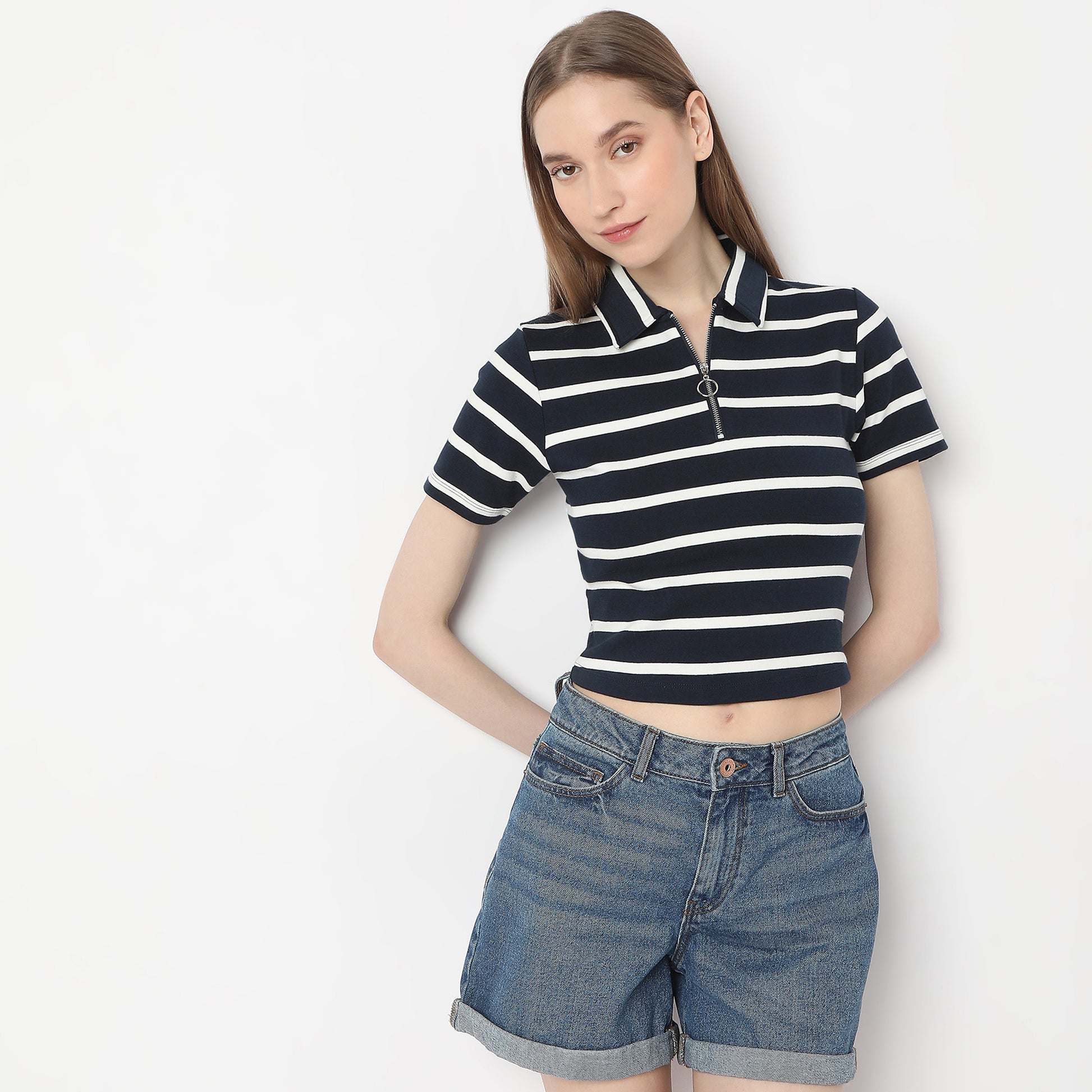Fitted Striped Polo Neck with Zipper Opening Short Sleeve Crop T-Shirt