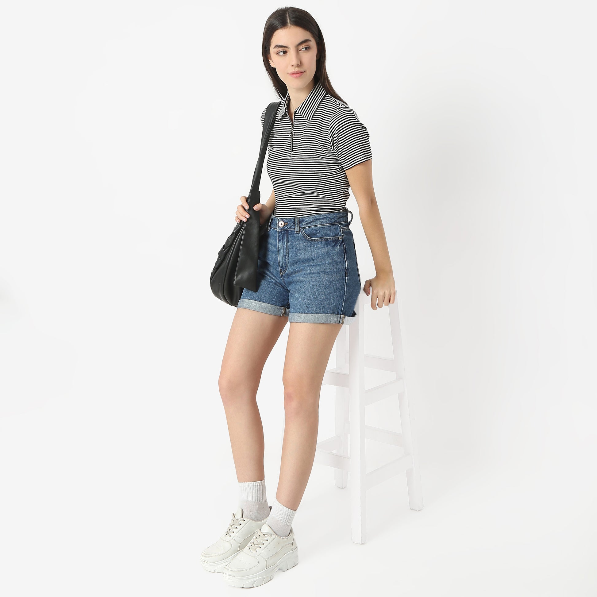 Striped Polo T-Shirt With Mock Neck Zipper