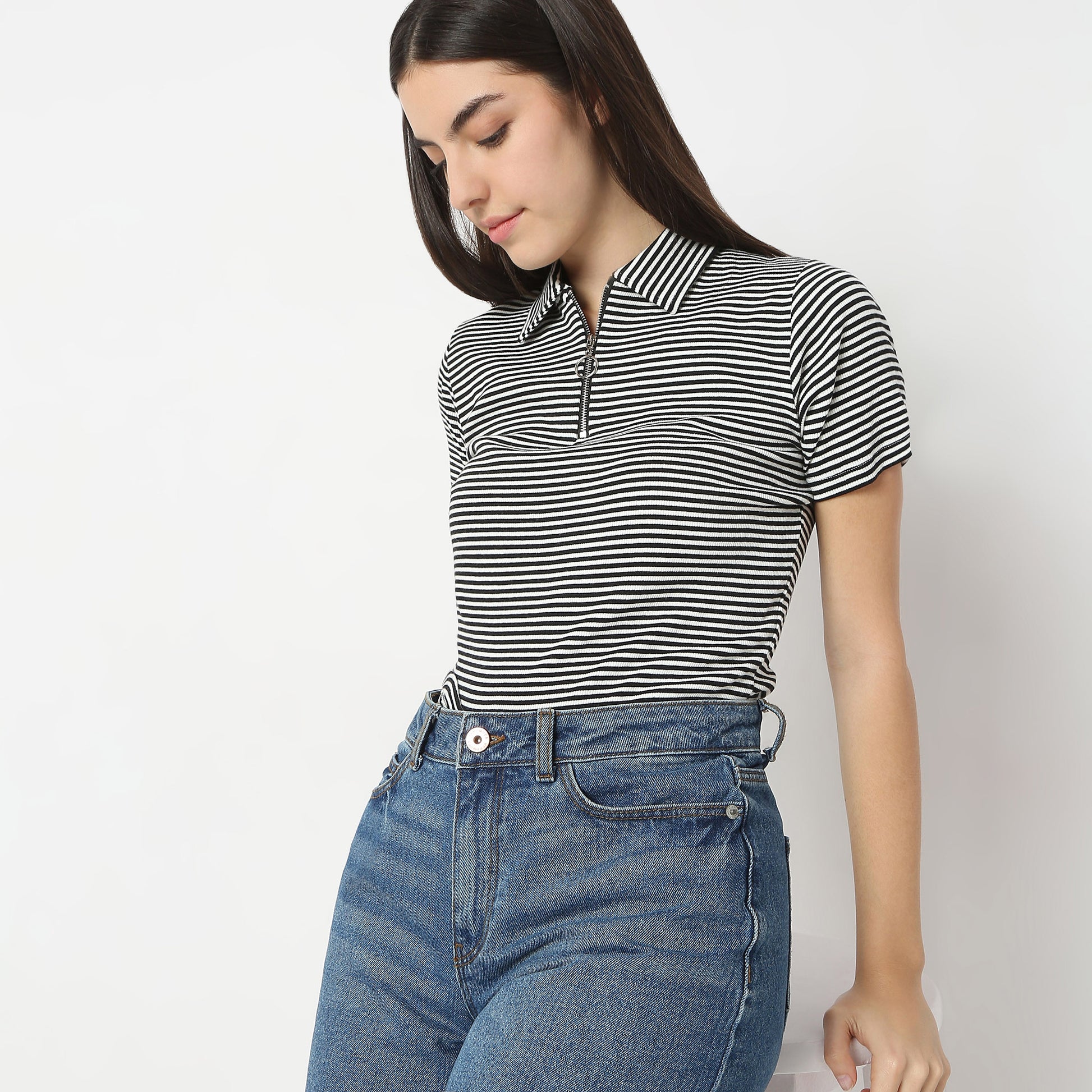 Striped Polo T-Shirt With Mock Neck Zipper