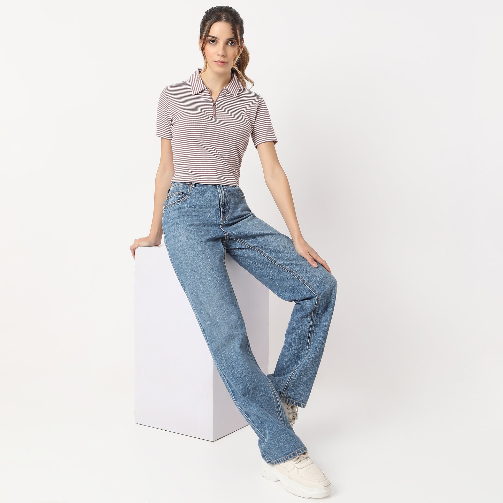 Striped Polo T-Shirt With Mock Neck Zipper