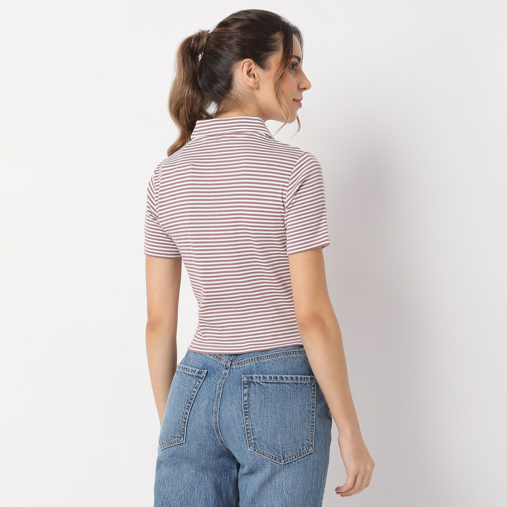 Striped Polo T-Shirt With Mock Neck Zipper