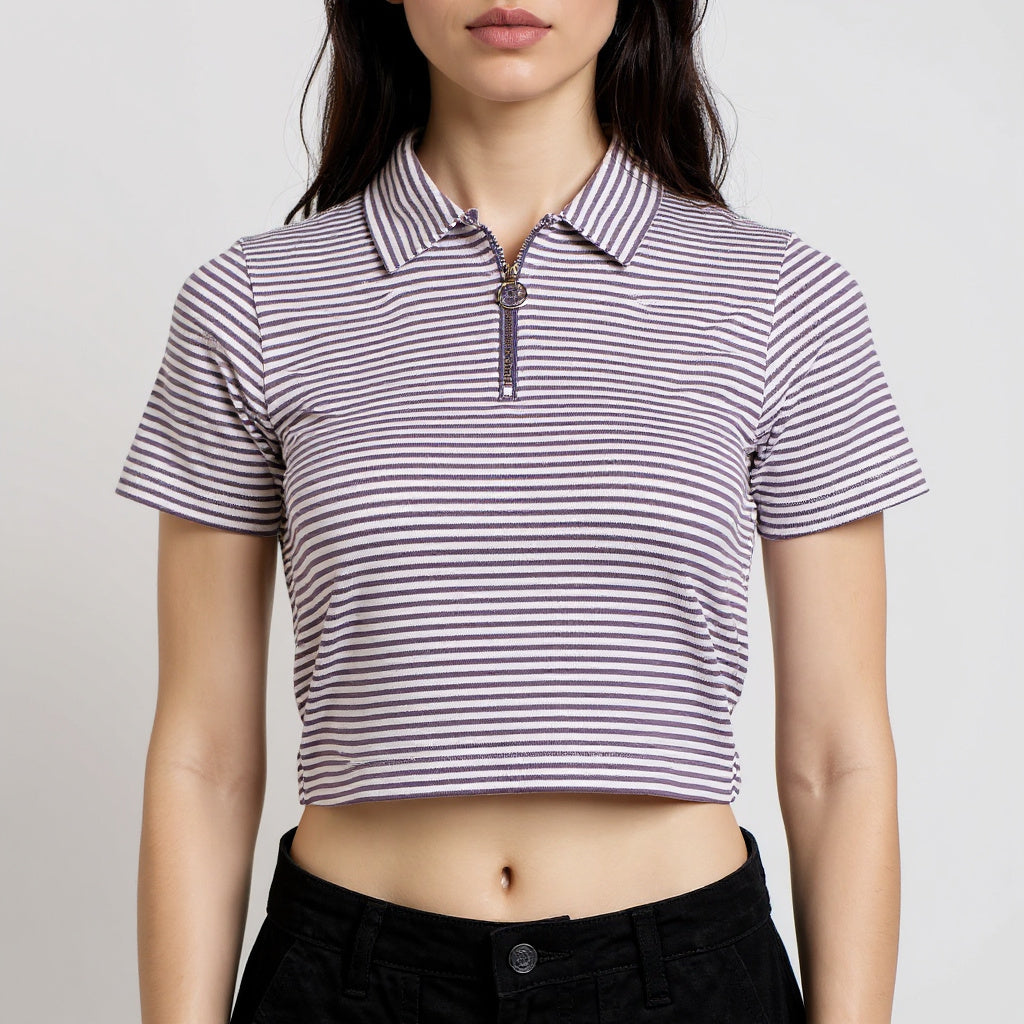 Striped Polo T-Shirt With Mock Neck Zipper