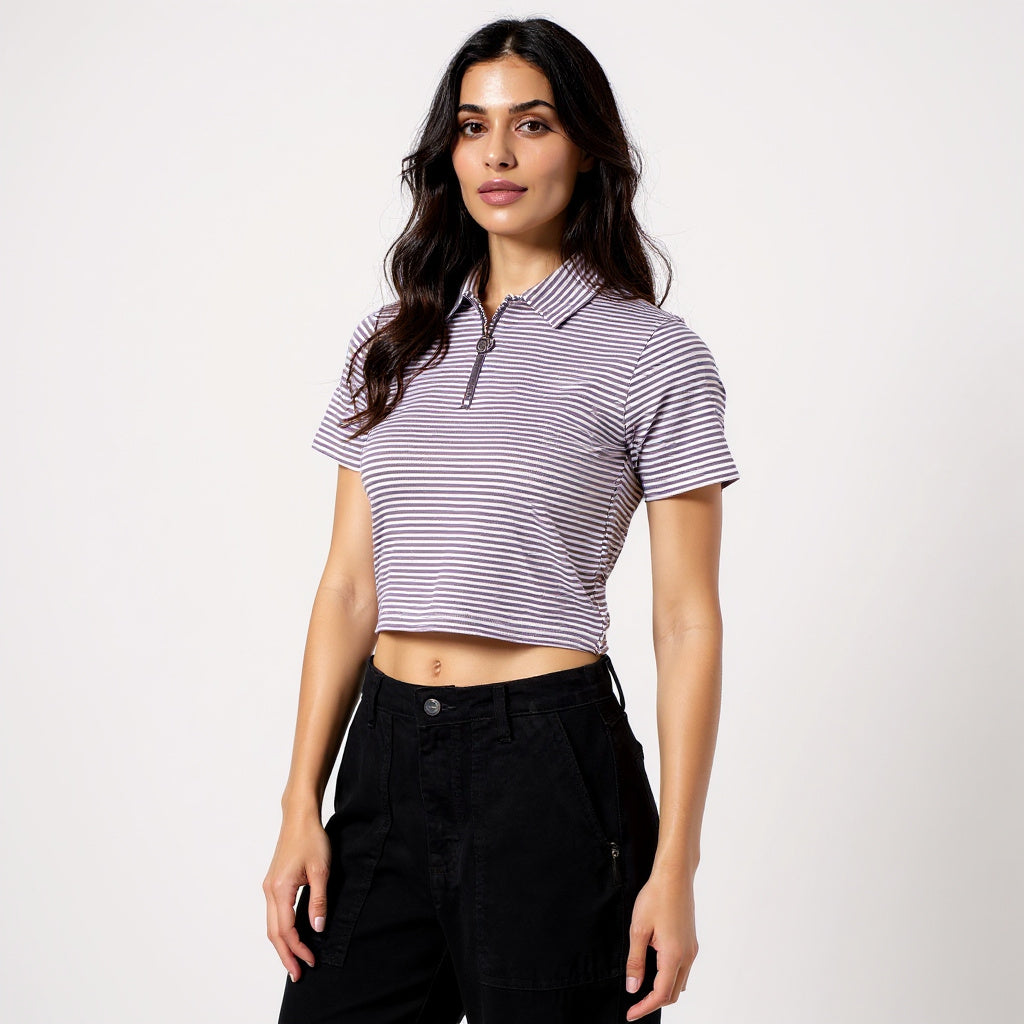 Striped Polo T-Shirt With Mock Neck Zipper
