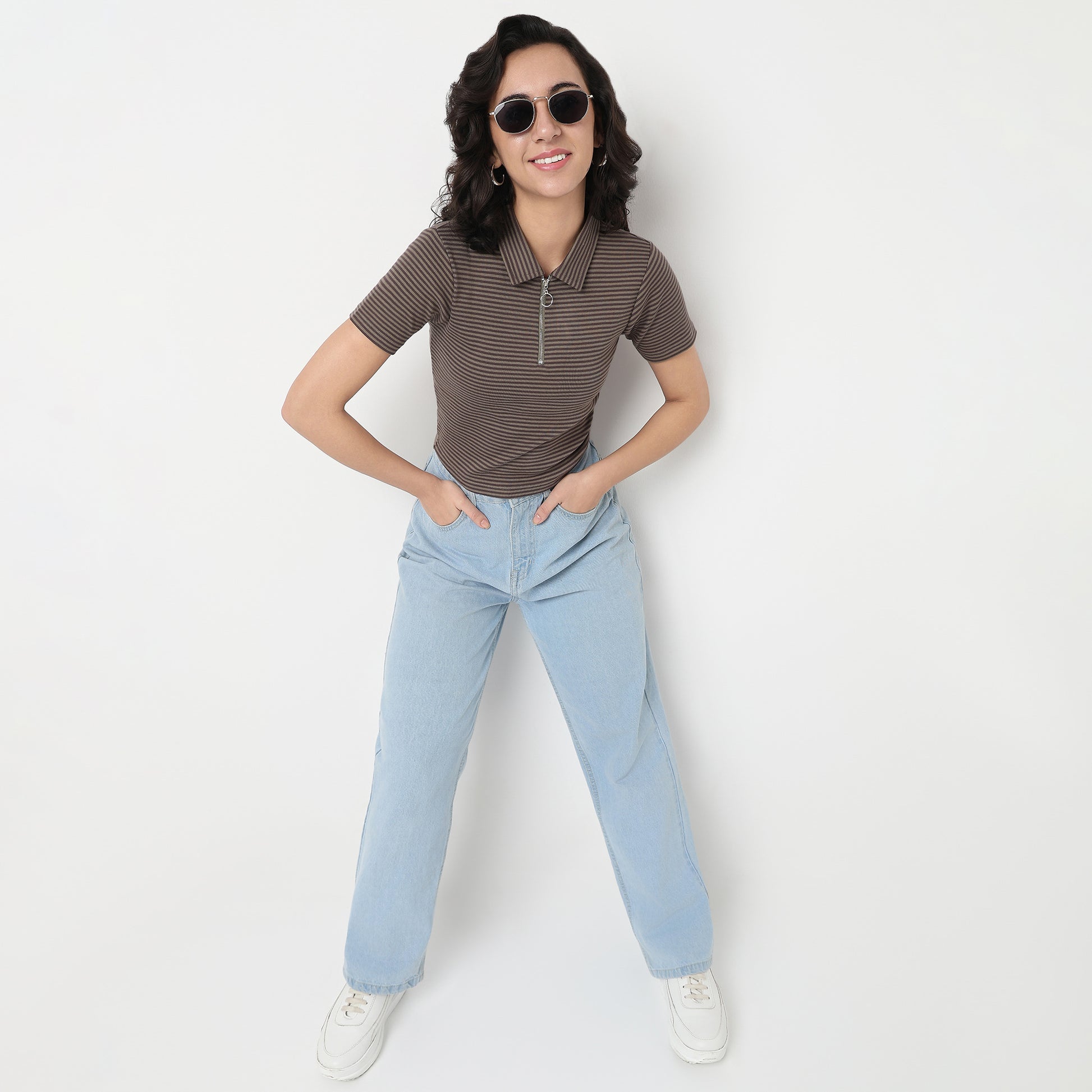 Striped Polo T-Shirt With Mock Neck Zipper