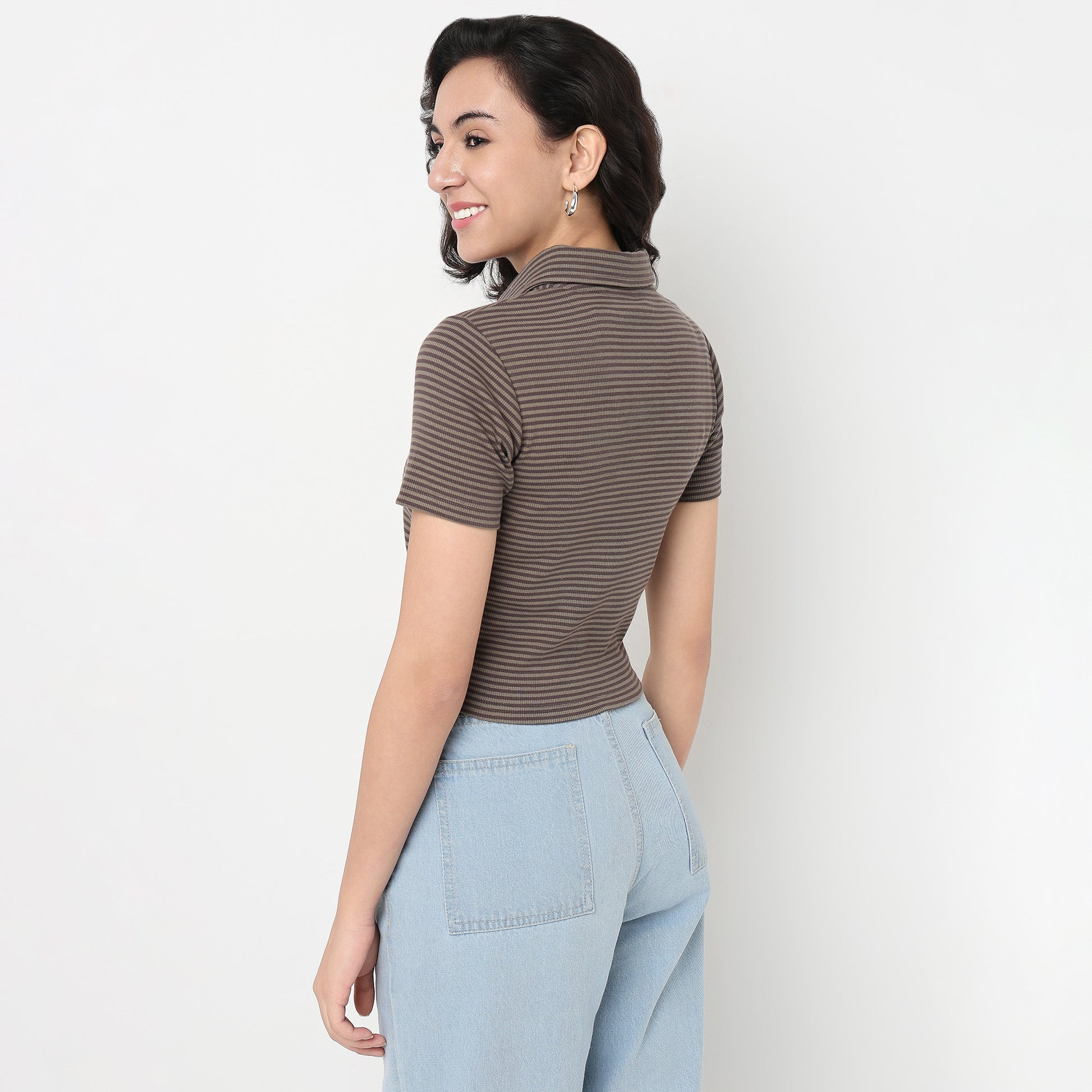 Striped Polo T-Shirt With Mock Neck Zipper