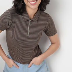 Striped Polo T-Shirt With Mock Neck Zipper