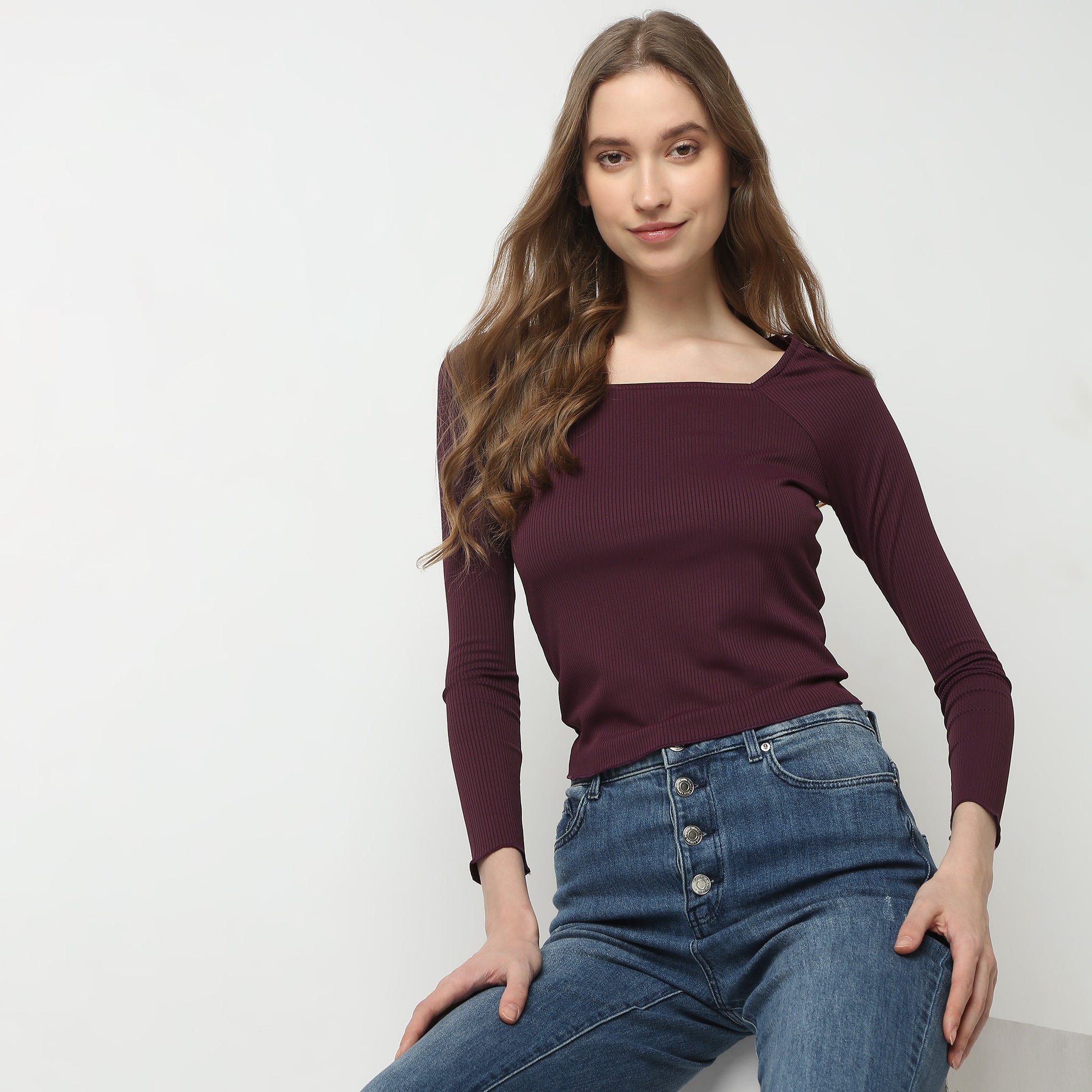 Slim Fit Solid Square Neck T-Shirt