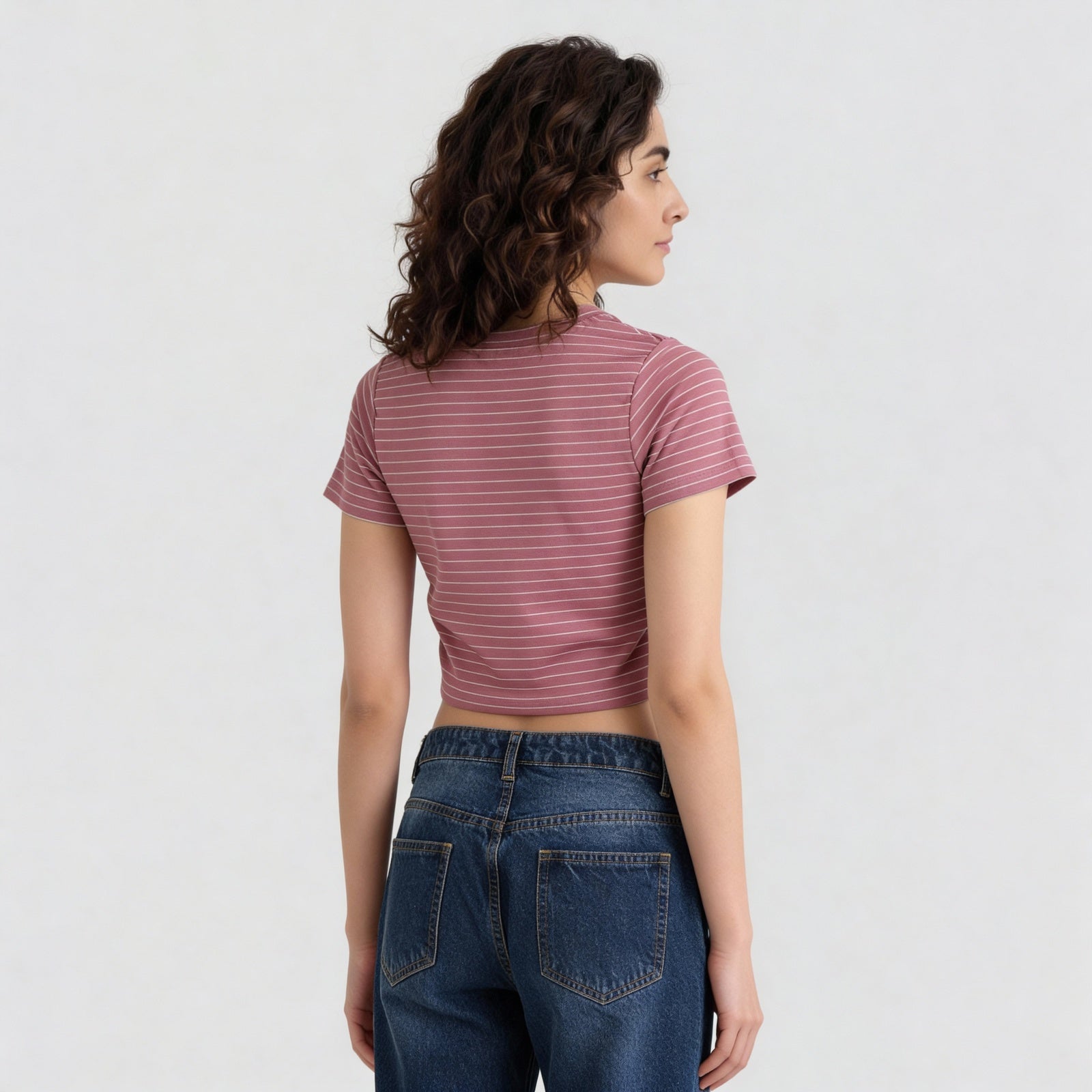 Knitted Striped Slim Fit Crop T-Shirt