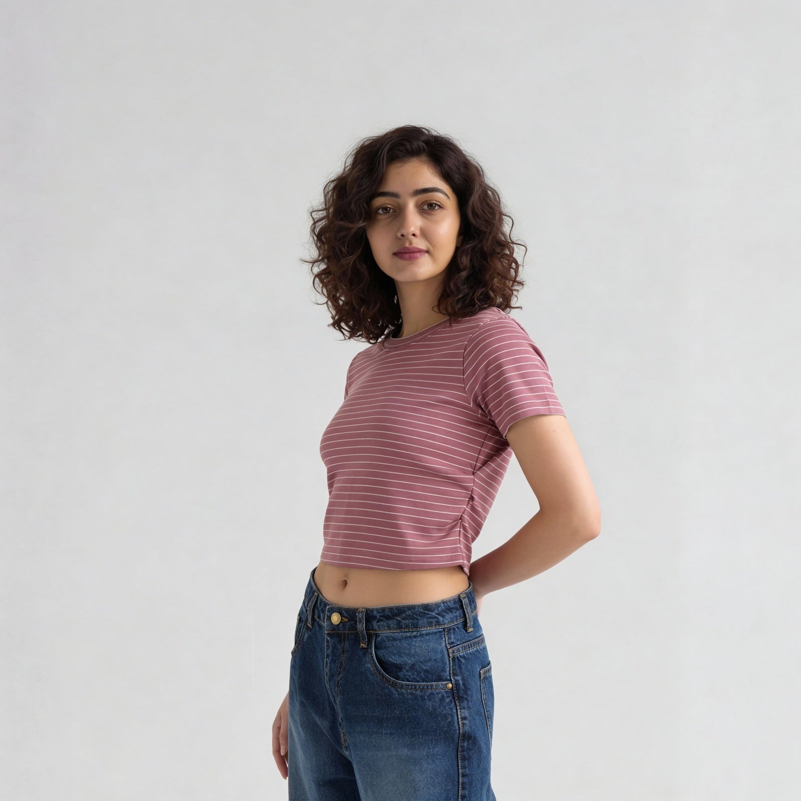 Knitted Striped Slim Fit Crop T-Shirt