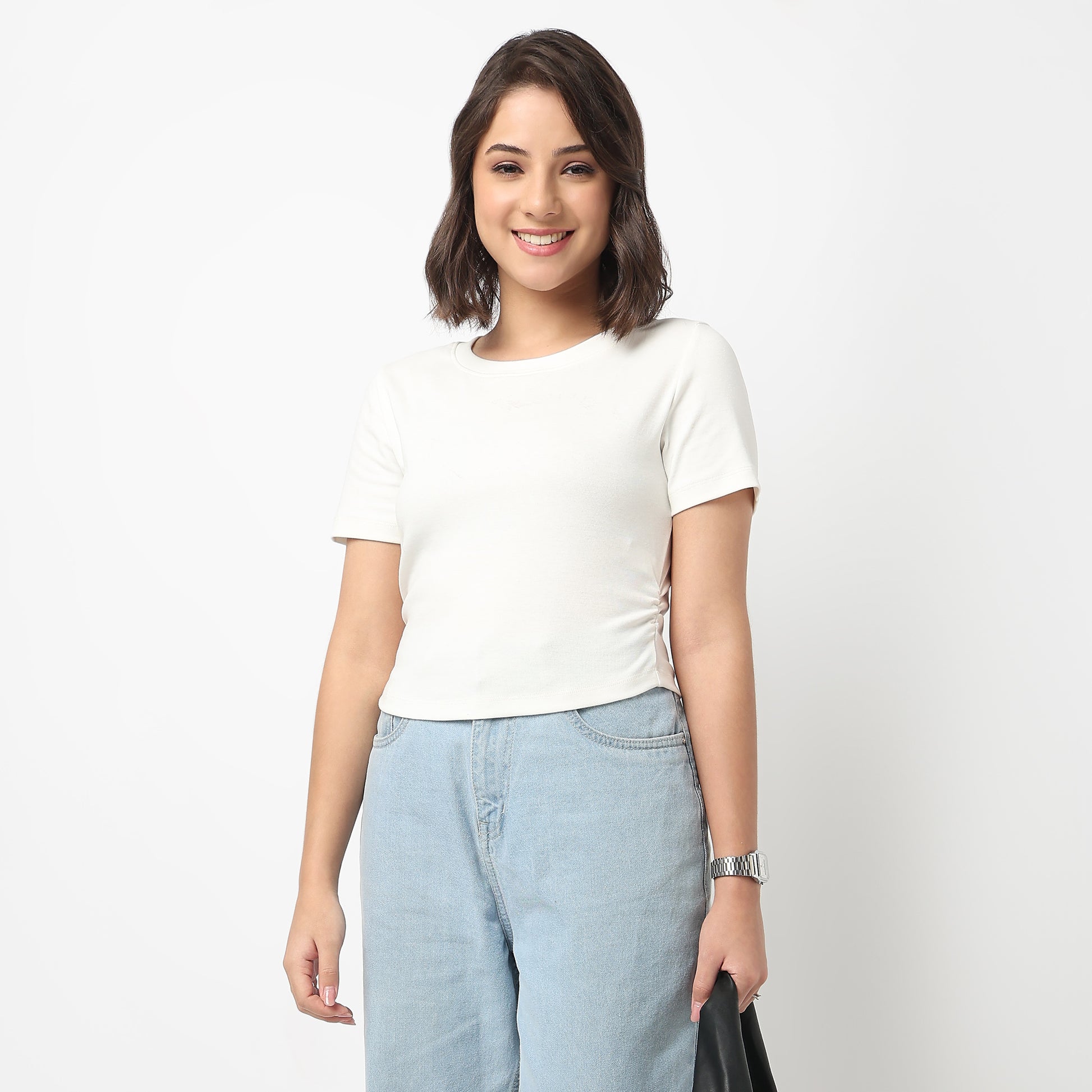 Cropped Side Ruched T-Shirt