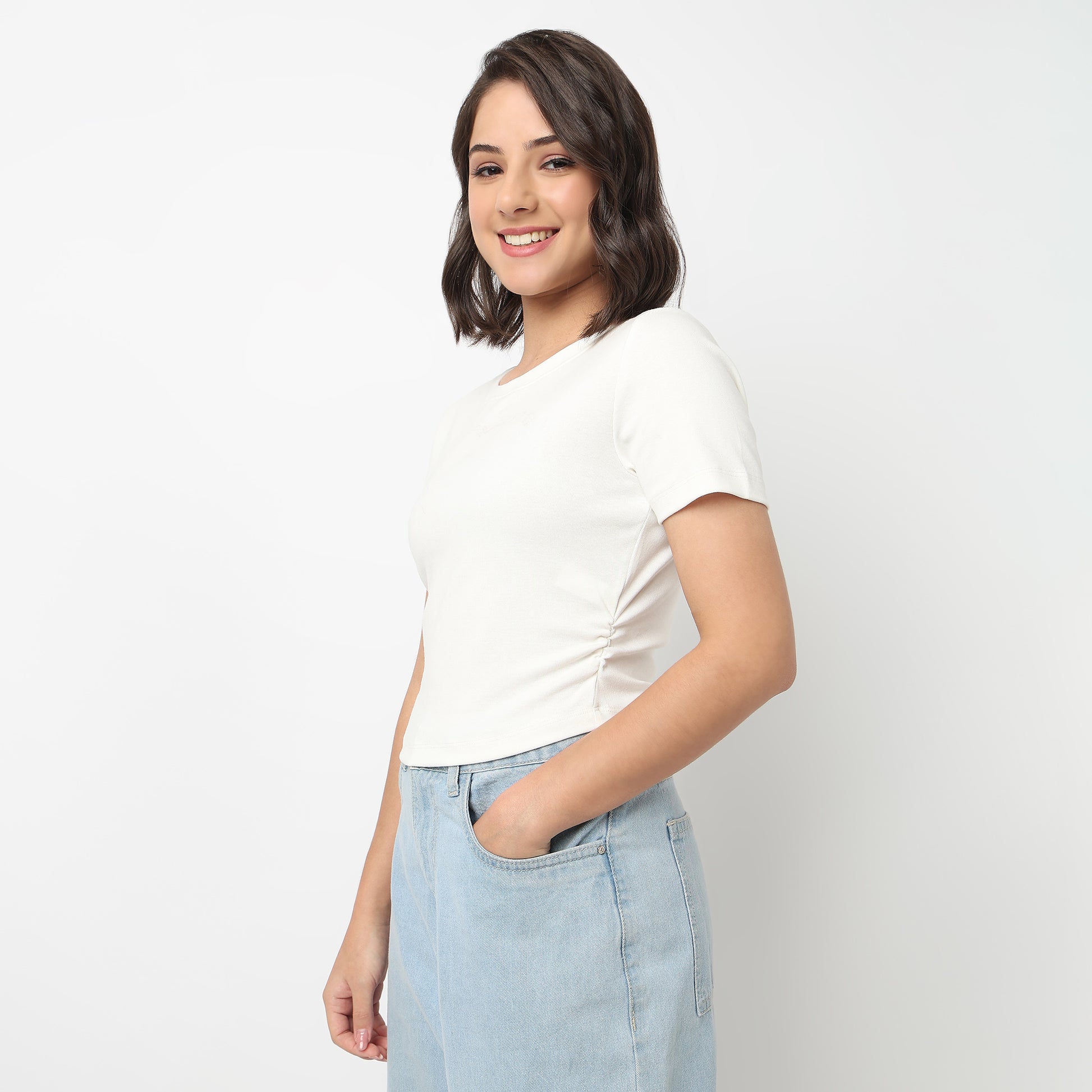 Cropped Side Ruched T-Shirt