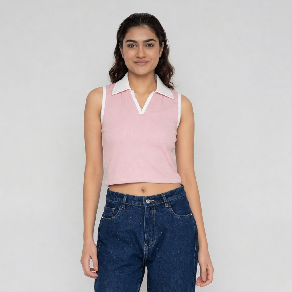 Solid Polo Neck Sleeveless Slim Fit T-Shirt