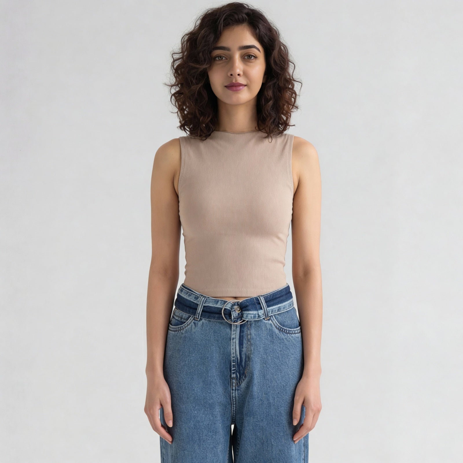 Knitted Solid Sleeveless Crop T-Shirt