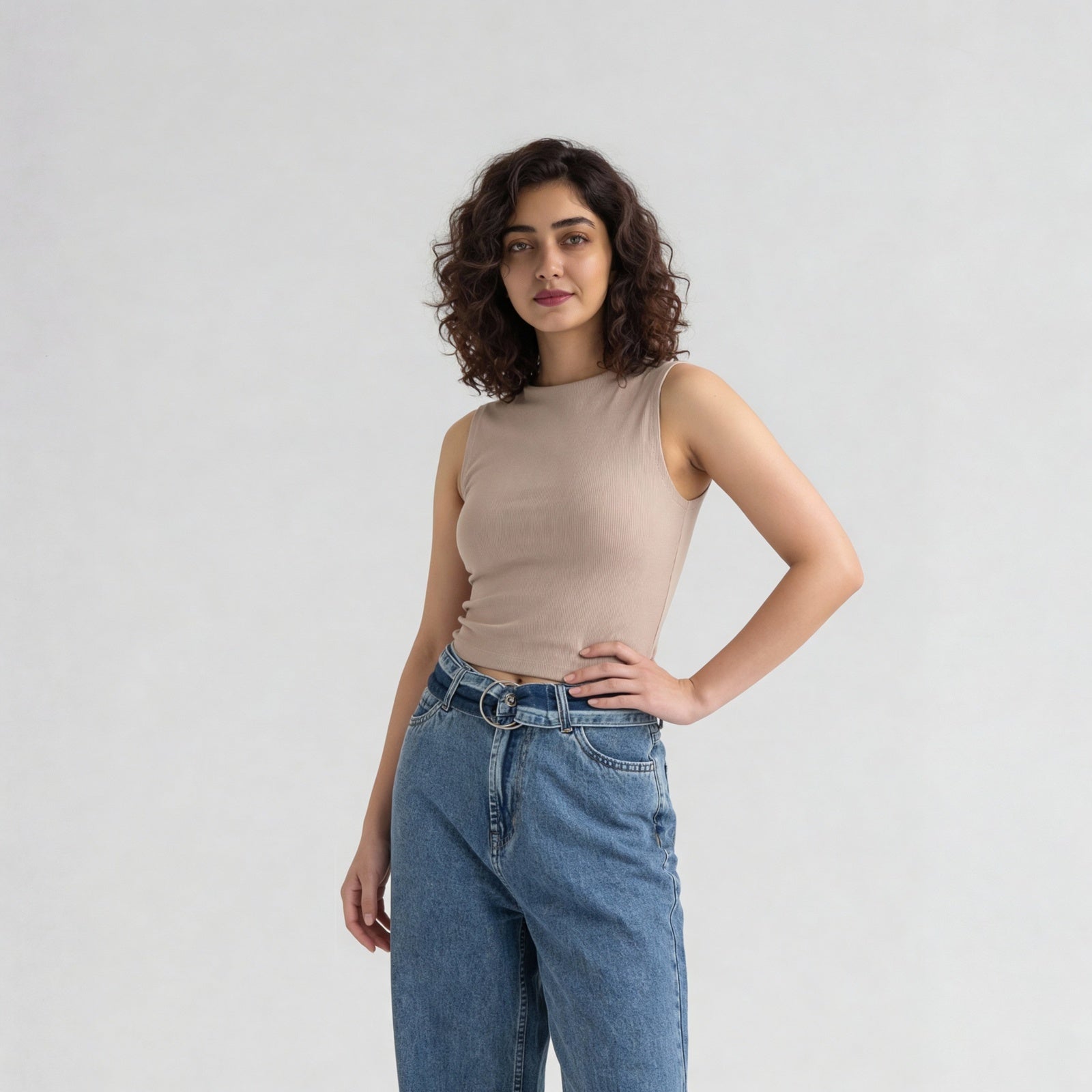 Knitted Solid Sleeveless Crop T-Shirt