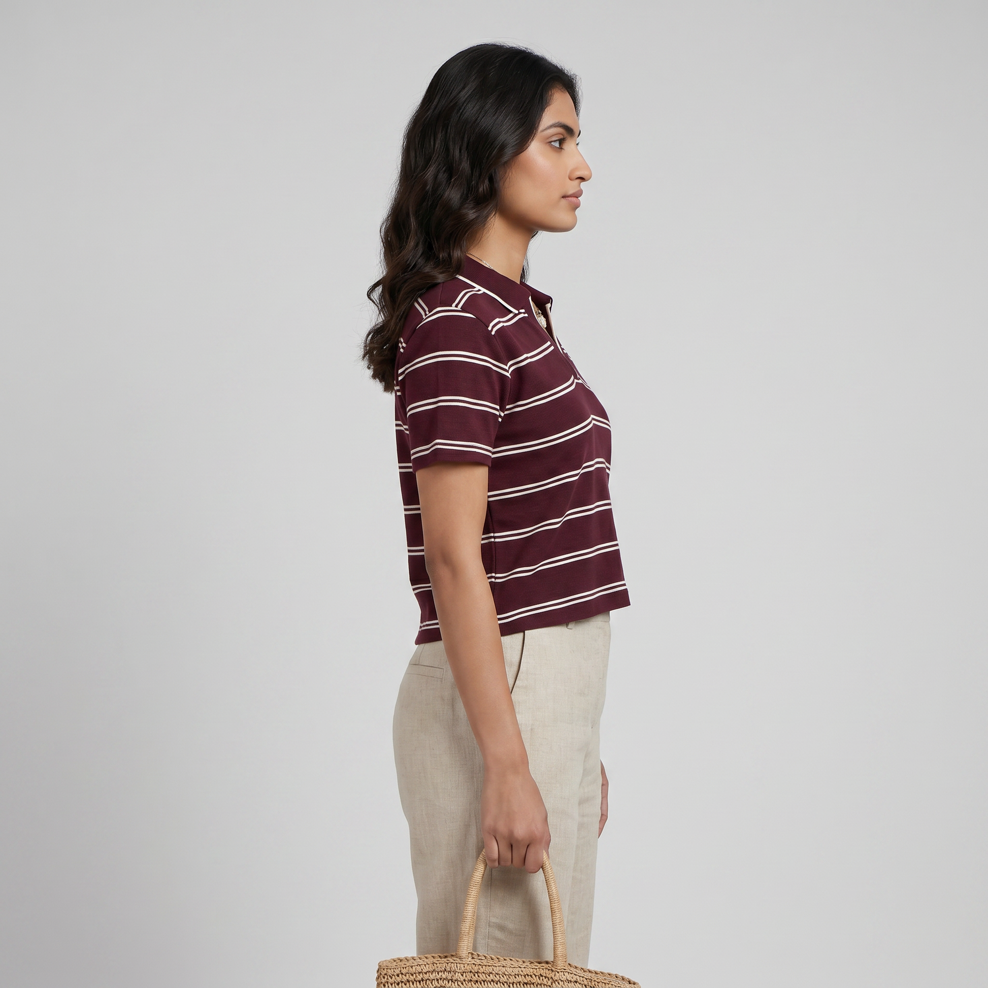 Striped Slim Fit Crop Polo T-Shirt