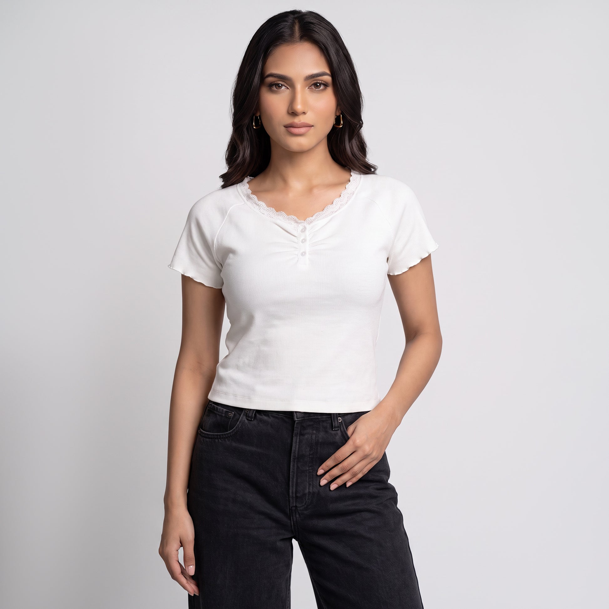 Solid V-Neck Cropped T-Shirt