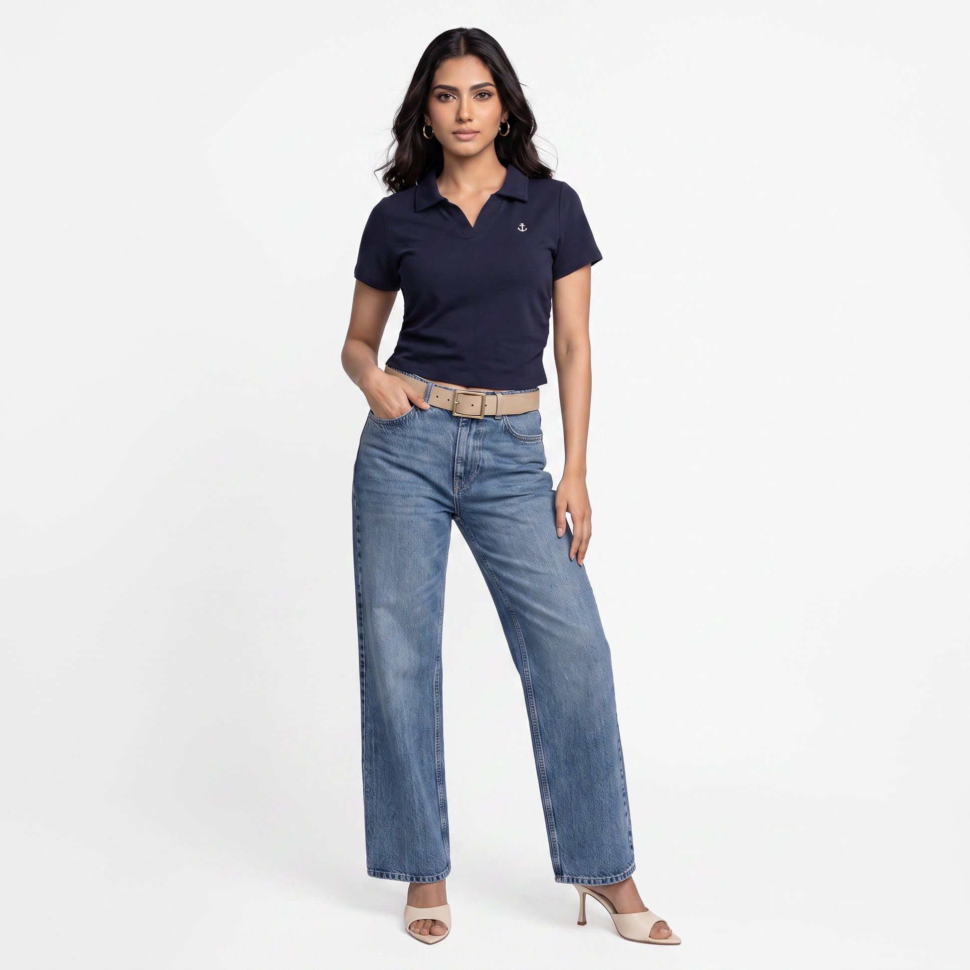 Solid Cropped Polo T-Shirt