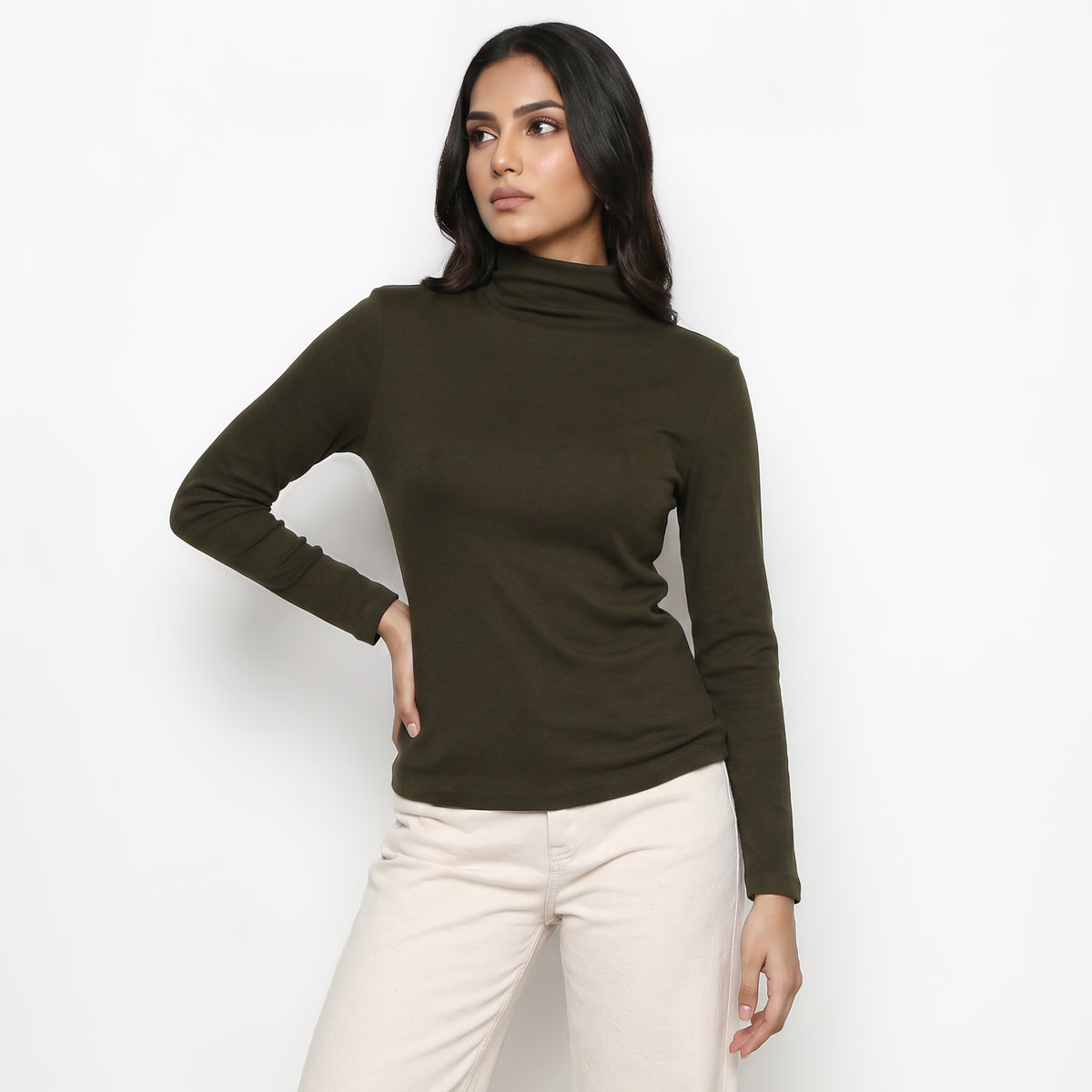 Solid Mock Turtle Neck Slim T-Shirt
