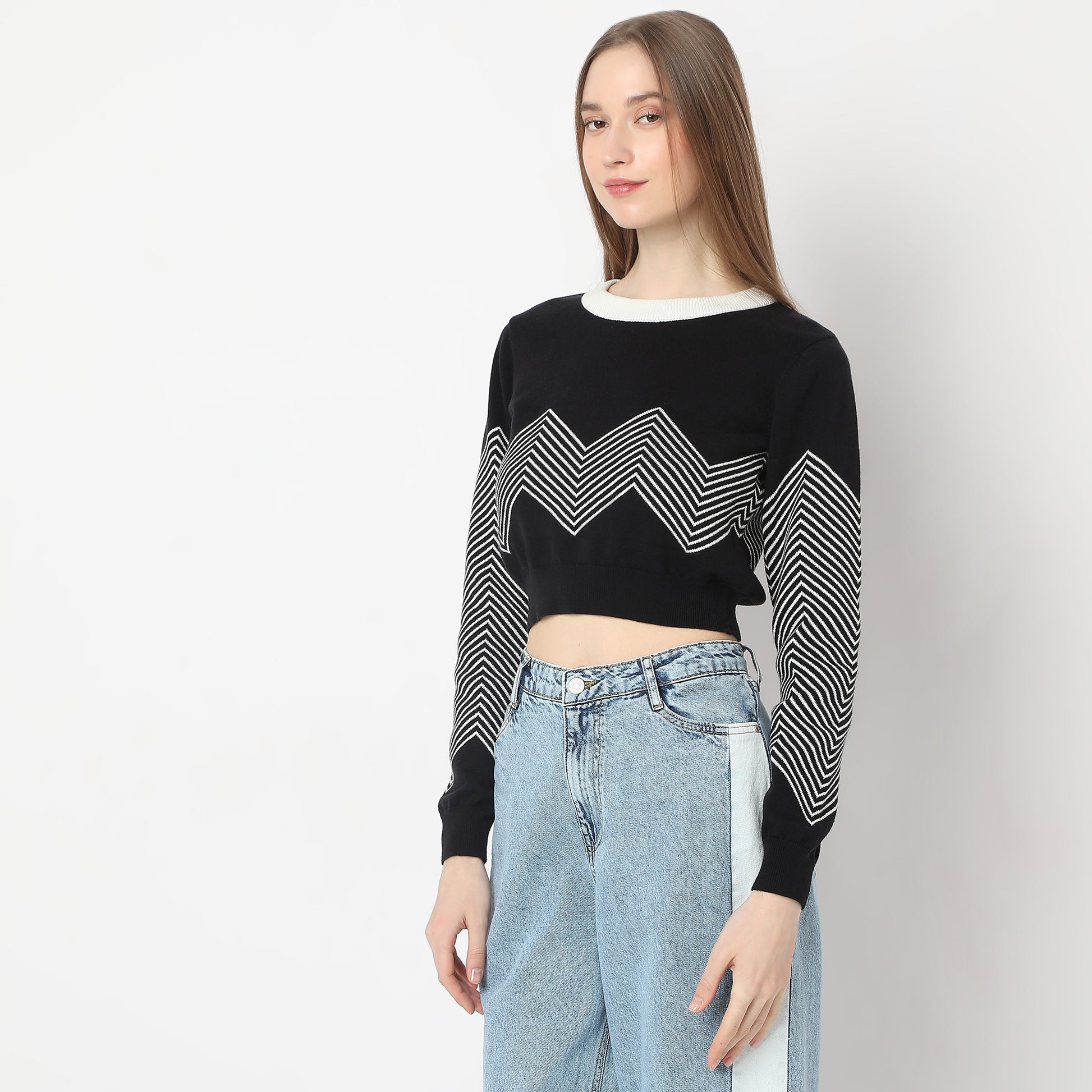 Slim Fit Striped Boat Neck Flat Knits Full Sleeve Crop T-Shirt