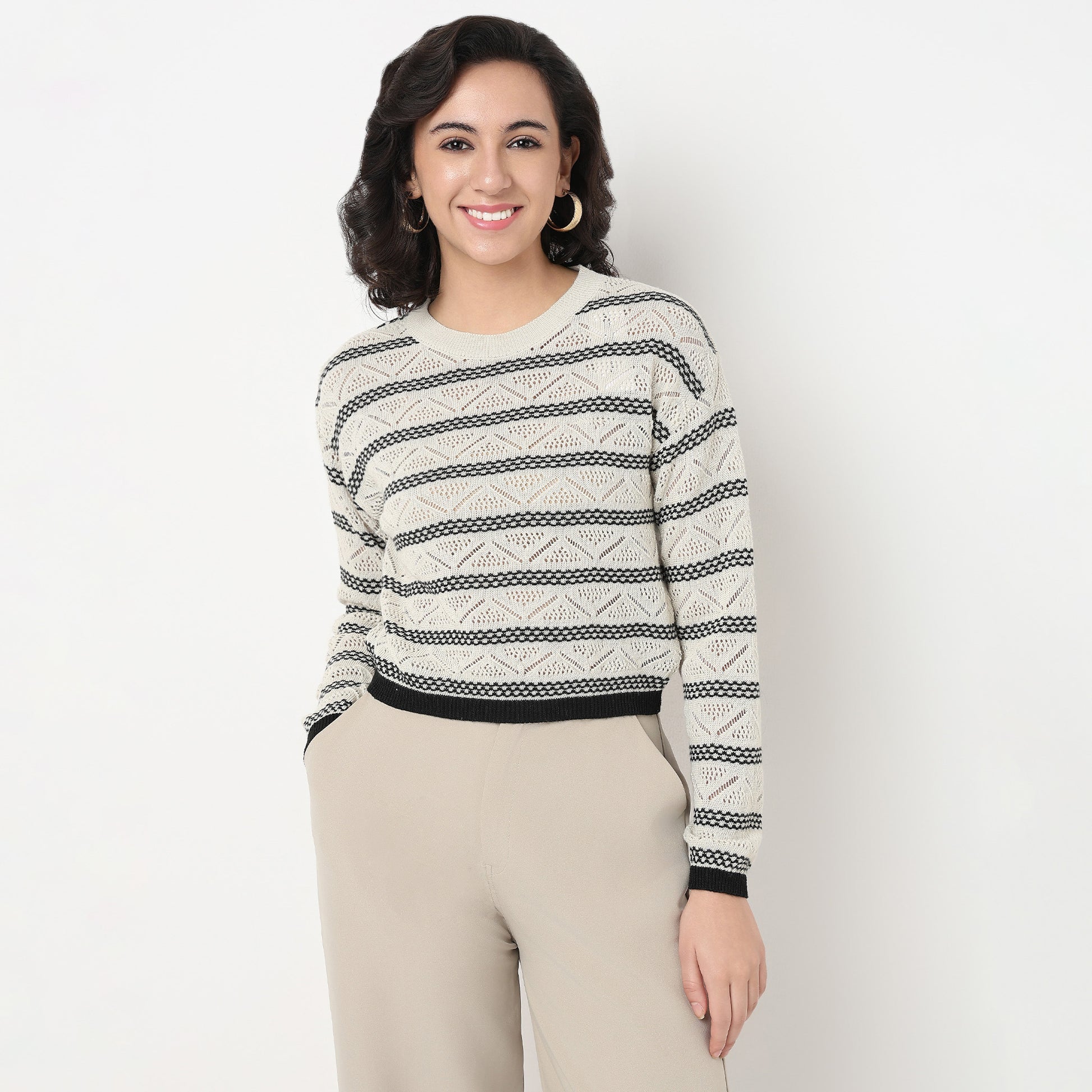 Order Now Women Striped Round Neck Regular Fit Casual Wear Flat Knits by Style Union