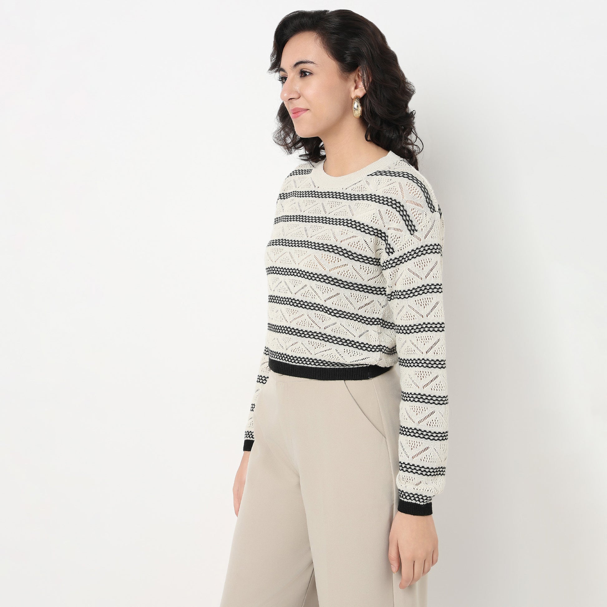Order Now Women Striped Round Neck Regular Fit Casual Wear Flat Knits by Style Union