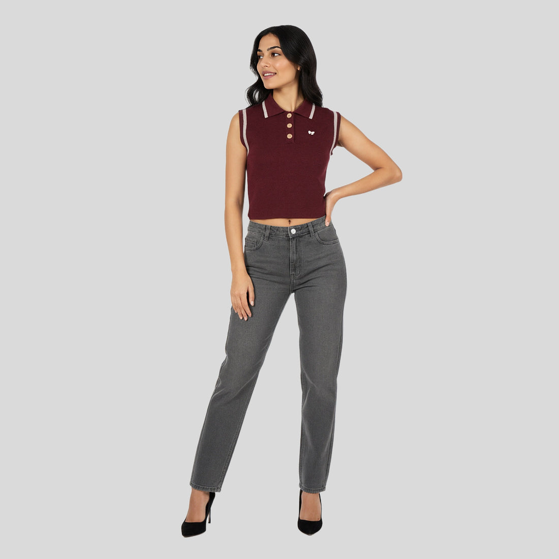 Polo Neck Sleeveless Flat Knit Sweater