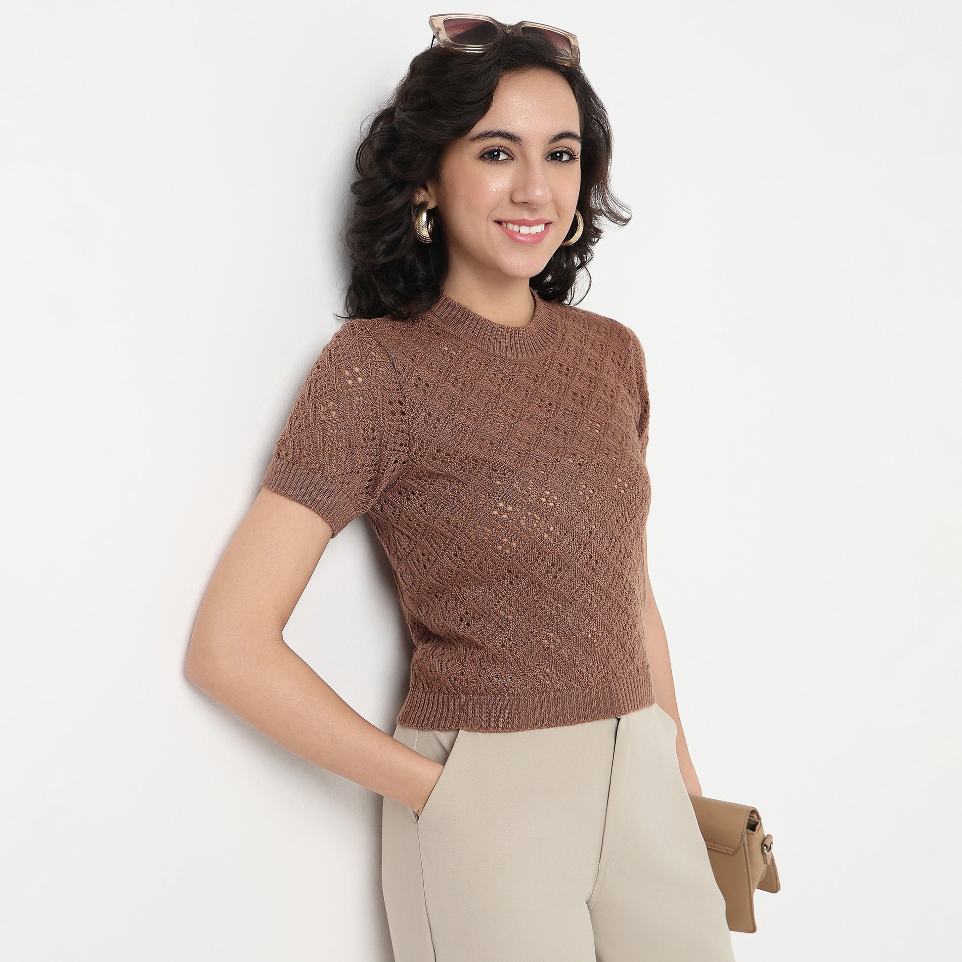 Order Now Women Textured Round Neck Slim Fit Casual Wear Flat Knits by Style Union