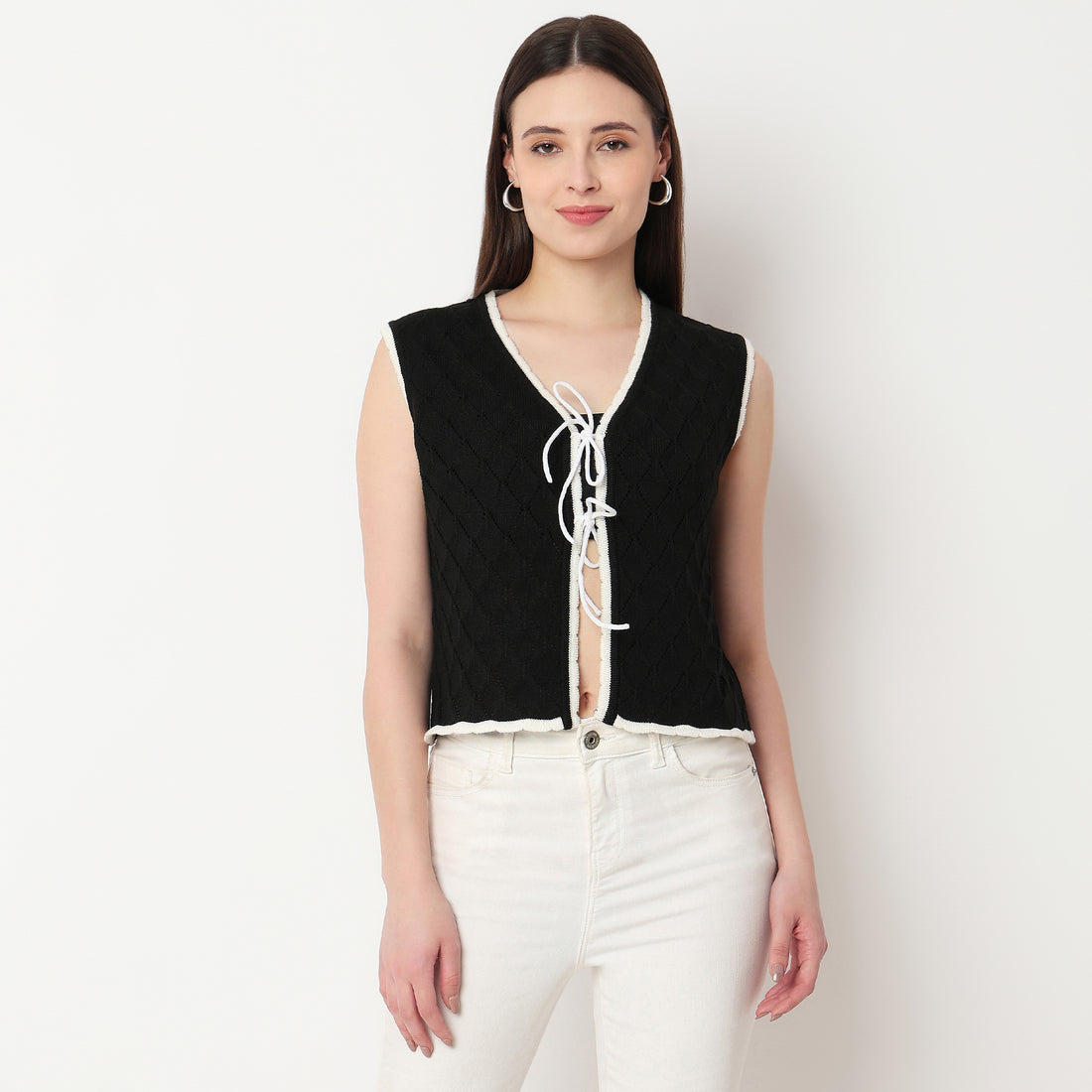 V-Neck Flat Knit Top With Front Tie-Up Detail